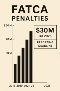 Infographic showing IRS FATCA penalties and reporting deadlines in Q3 2025.